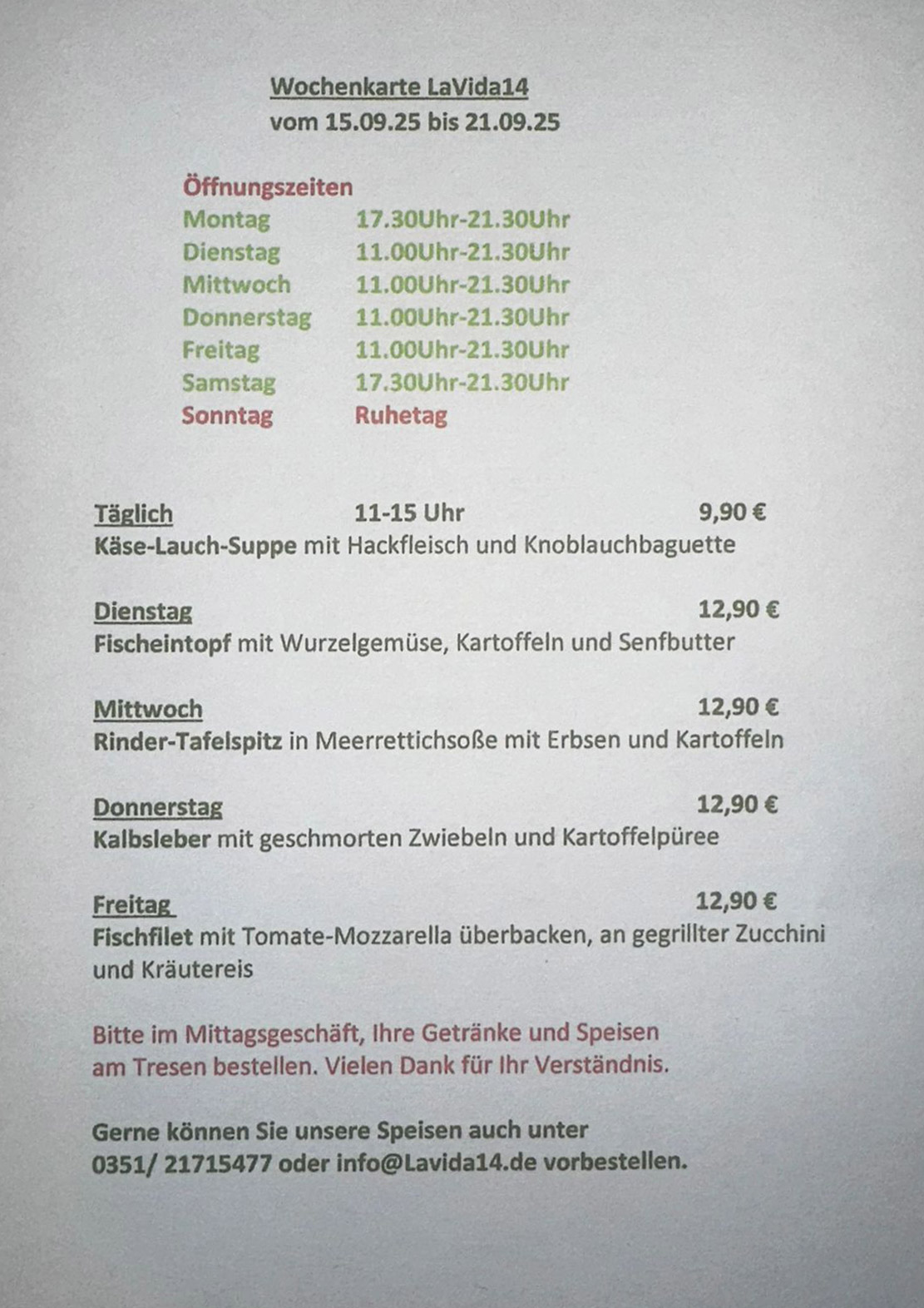 LaVida14 - Wochenkarte