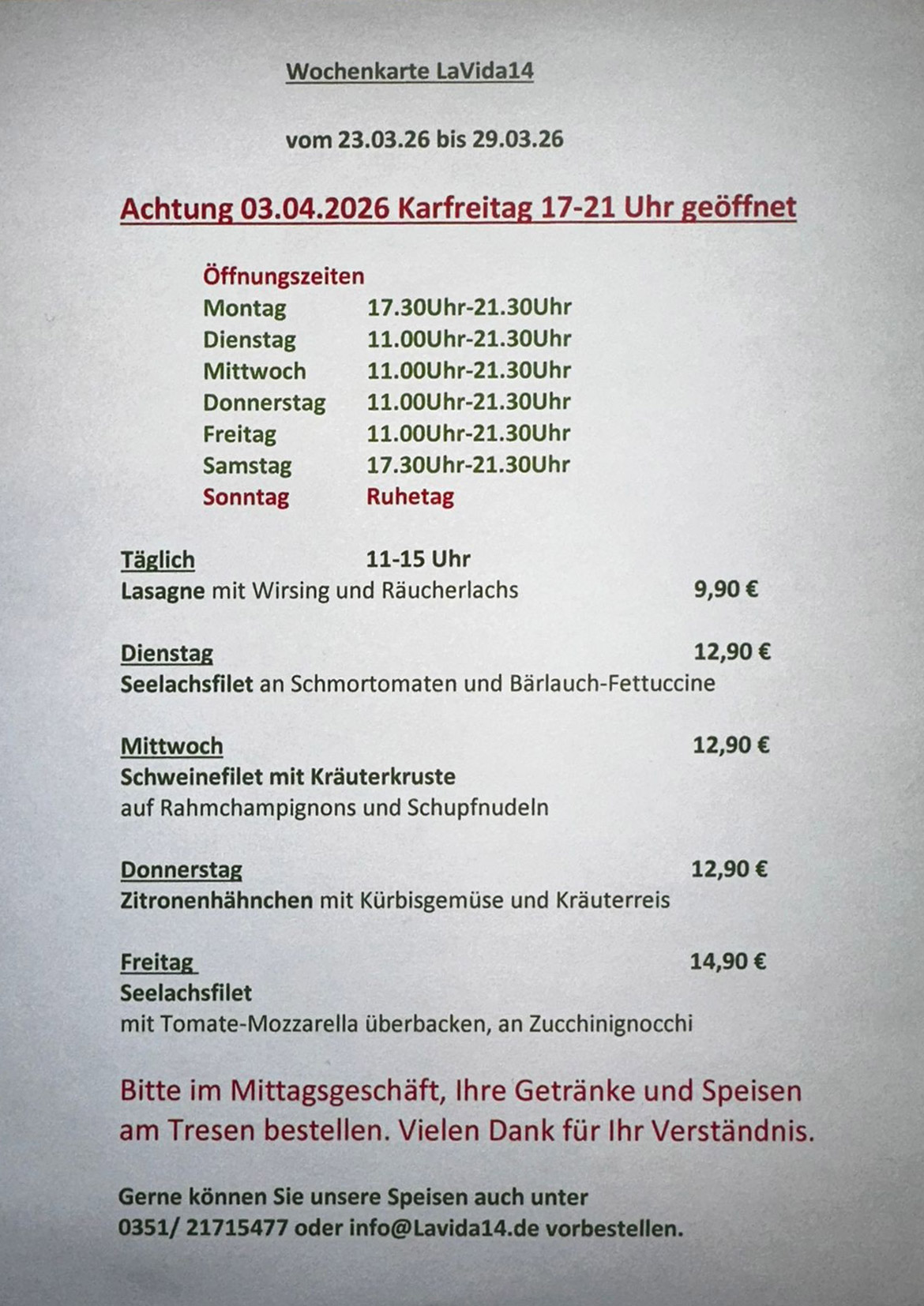 LaVida14 - Wochenkarte